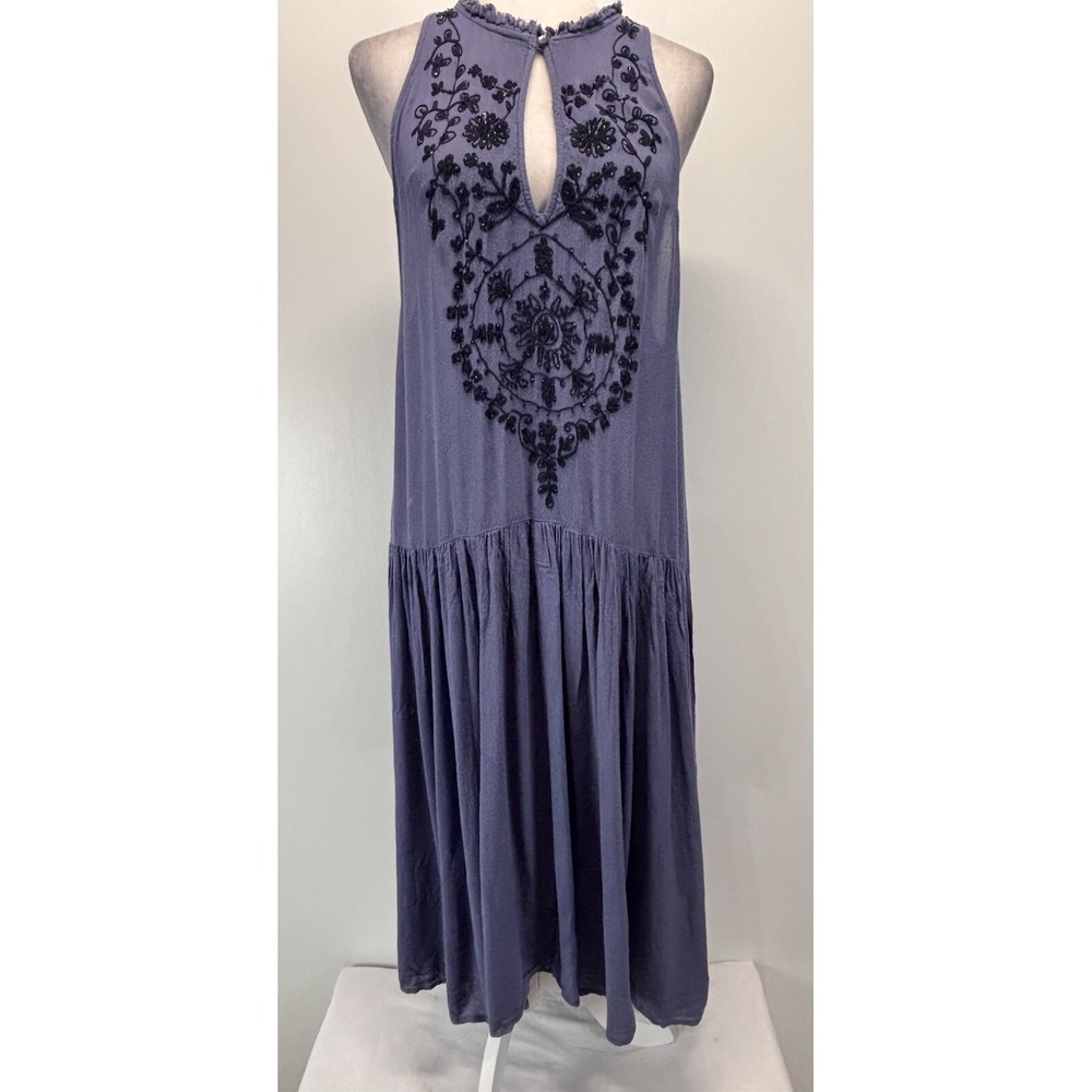 Free People Embroidered Midi Dress Sz Xsmall Blue Boho Sleeveless Drop Waist